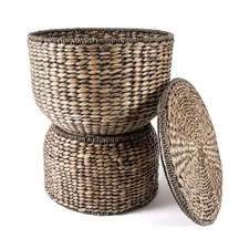 happimess SAT1000 Bhola 18"W Iron and Water Hyacinth Table - Brown