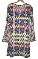 MSK SZ L  KNEE LENGTH A-LINE DRESS LONG BELL SLEEVES MULTICOLORED CHEVRON CREPE