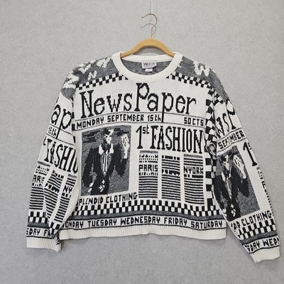 Newspaper Print Vintage Sweater 1st Fashion Headlines 80s Prezzia Brand Black...