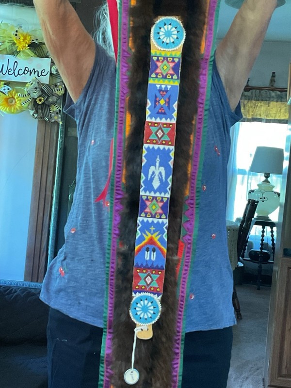 Native American Style fur Straight Dance Dragger with Cut Beadwork.