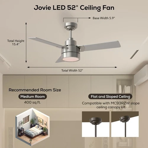 Monte Carlo Jovie 52" 3 Blade Ceiling Fan w/ Light Kit, Brushed Steel - Picture 3 of 7