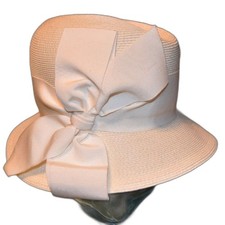Vintage 50s 60s Ivory Straw Look Church Hat Union Made Bow Cloche 6 1/2
