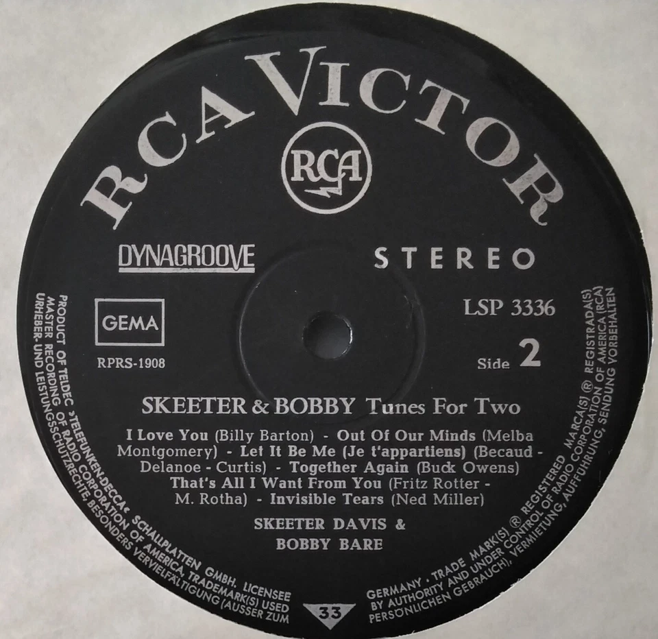 SKEETER DAVIS & BOBBY BARE - Tunes For Two RCA LSP-3336 Germany Country LP - Image 3 of 3