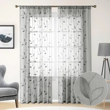 HOMEIDEAS Light Grey/Gray Sheer Curtains 52 X 84 Inches Long 2 Panels Embroidere