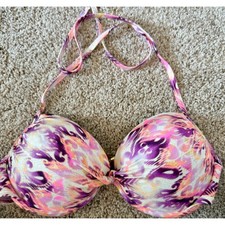 Victoria's Secret Push Up Bikini Top 34D Purple Pink Ikat Halter Underwire
