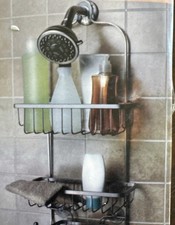 No Drill Jumbo 3 Tier Shower Caddy Overshower Hanger w Hooks Satin Nickel New