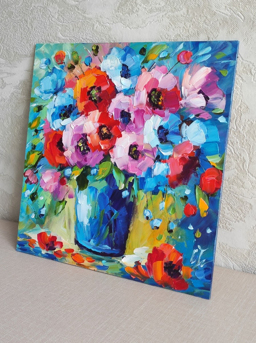 絵画 Oil painting of beautiful flowers. original oil painting Poppy wildflowers vase artwork Floral