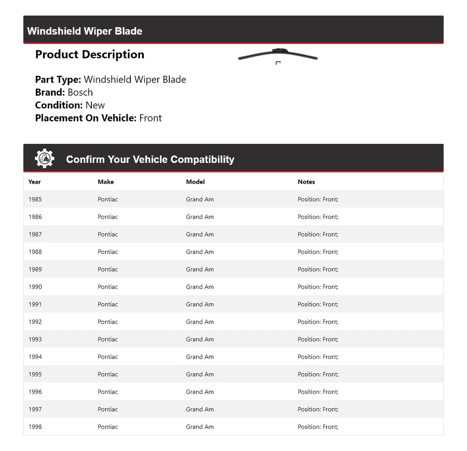 For 1985-1998 Pontiac Grand Am Bosch Windshield Wiper Blade Evolution Front 1986 - Image 2 of 4