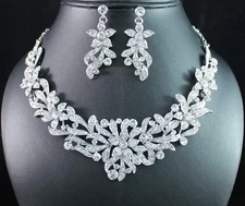 KOOL FLORAL CLEAR AUSTRIAN RHINESTONE CRYSTAL NECKLACE EARRINGS SET BRIDAL N1731