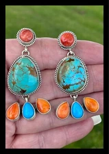 NAVAJO~BLUE KINGMAN~MUTI STONE ~ LONG DANGLING~SS~EARRINGS~BERNITA BEGAY