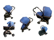 PASSEGGINO CARROZZINA TRIO 3in1 PIEGHEVOLE BLU CON OVETTO AUTO PER BAMBINI