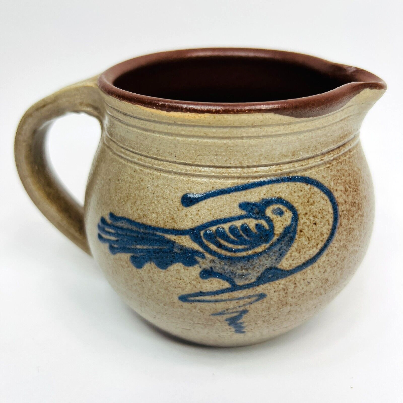 Rowe Speckled Brown Glazed Stoneware Blue Bird Design Vintage Handmade Signed