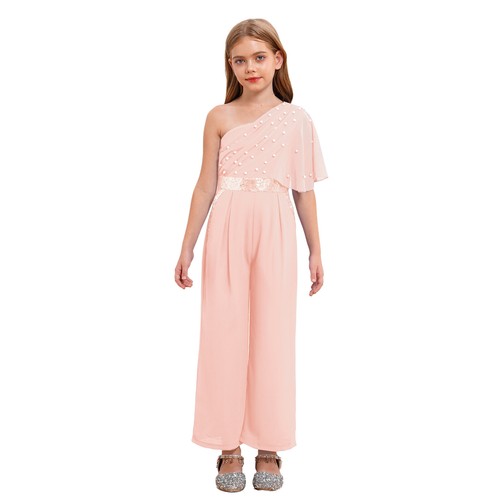 Girls Sequin Jumpsuit One Shoulder Sleeveless Chiffon Formal Romper Wedding - Picture 48 of 72