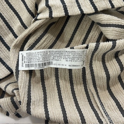 Zara Ladies Dress Medium Beige Black Stripes Pullover Short Sleeves V Neck Midi - Picture 5 of 9