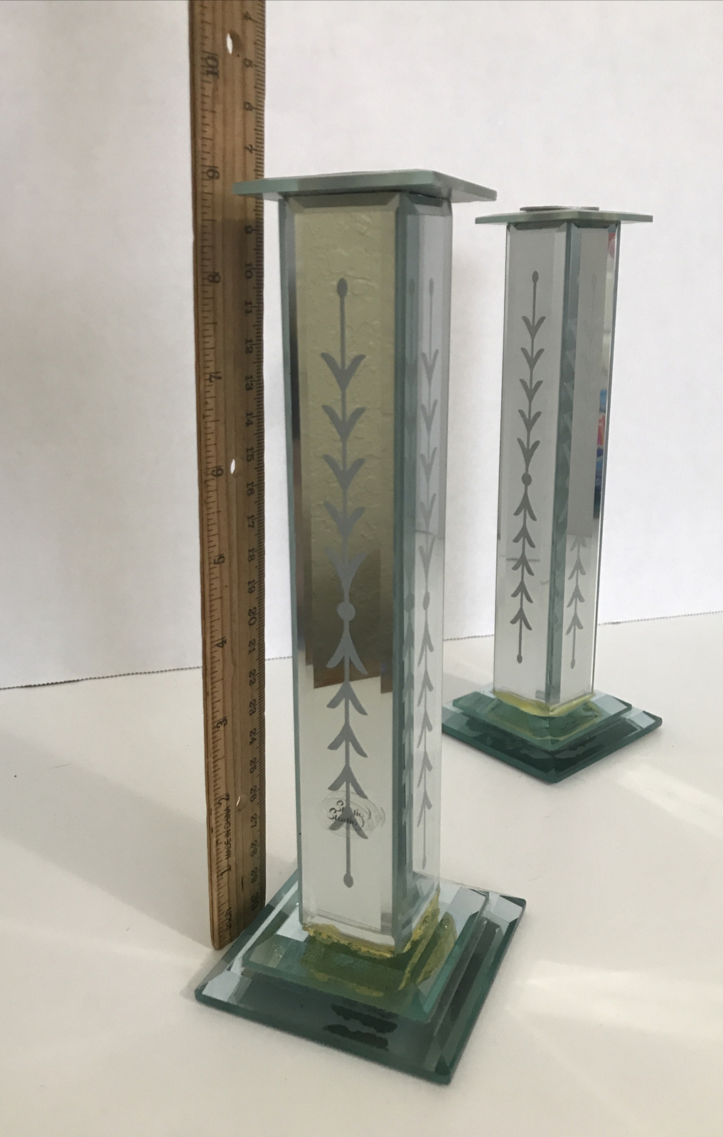 Candlestick Candle Holder Mirrored Victorian Style Glass Etched Vintage Set Of 2