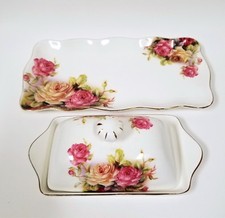 GRACE'S OFF WHITE,PINK ROSE,FLORAL PORCELAIN TRAY PLATTER BUTTER HOLDER,DISH
