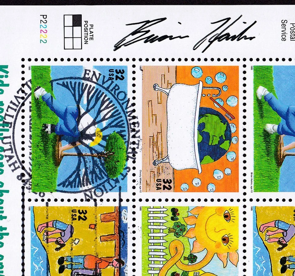 1995 Earth Day, Kids Care Sc 2954a FDC sheet signed by designer Brian Hailes - Image 3 of 4
