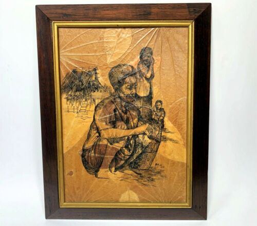 Vintage Pen and Ink Drawing on Real Leaf Paper of Tribe - Signed Rom 1974 Framed