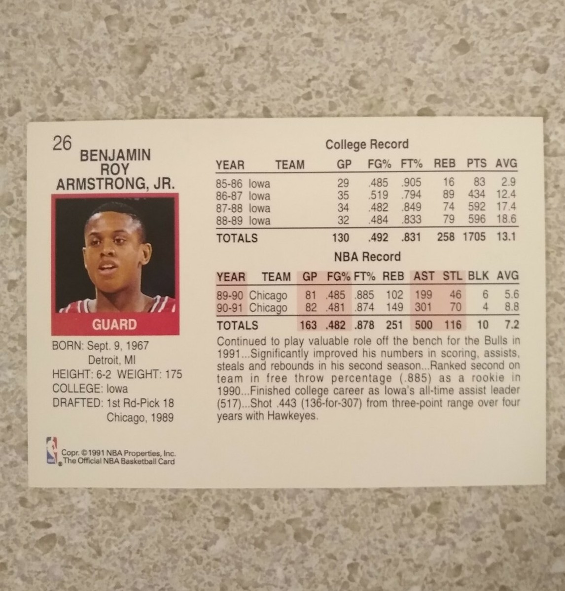 1991-92 NBA Hoops Basketball Card #26 BJ Armstrong Chicago