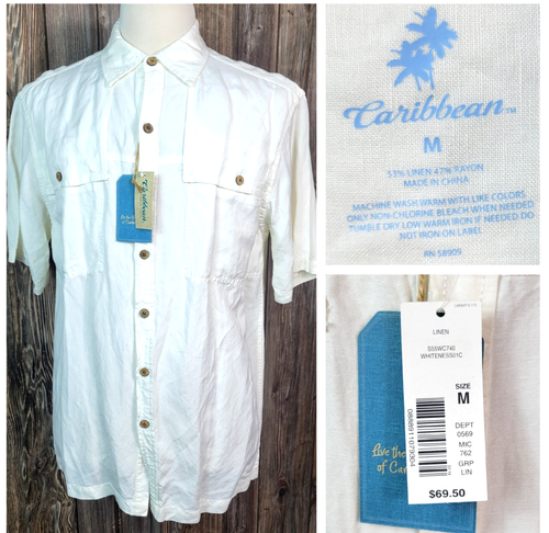 Caribbean Shirt Vented Rayon Linen Blend Button Up Short Sleeve White Mens M NWT