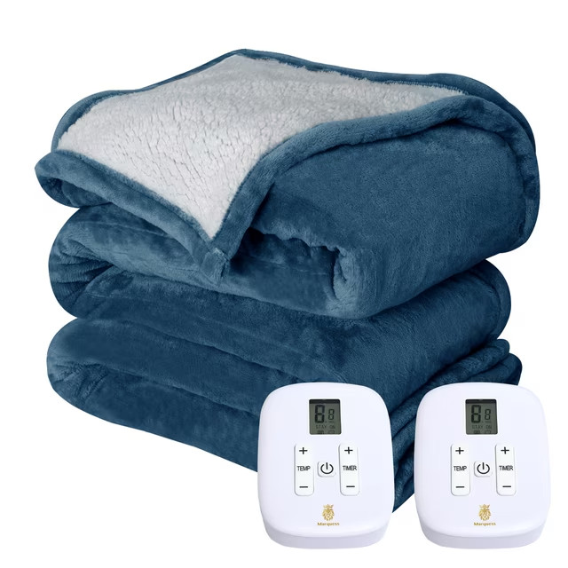 MARQUESS ELECTRIC SHERPA FLANNEL HEATED THROW BLANKET KING 100"X90", NAVY