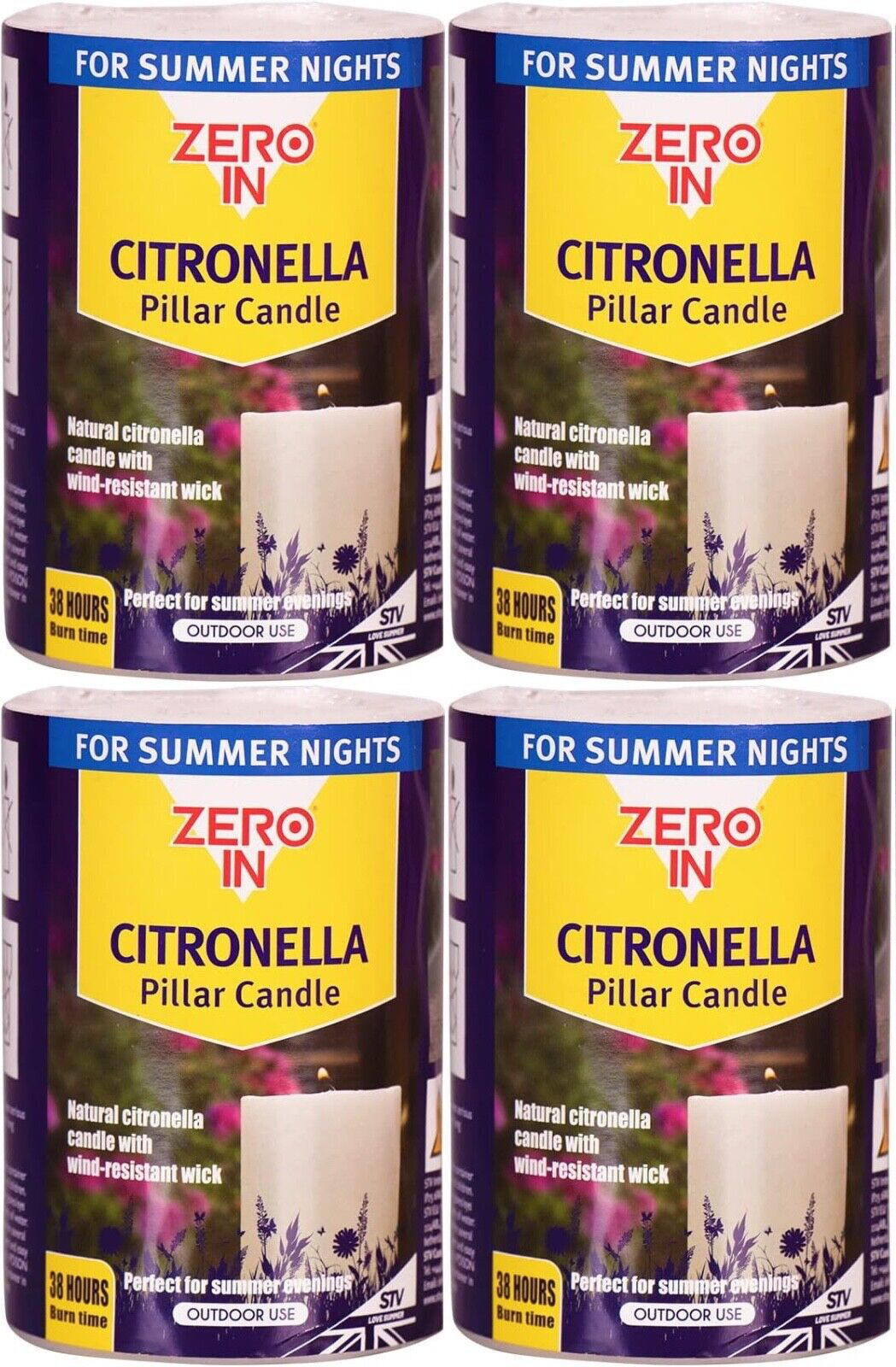 4x Zero In Citronella Garden Patio BBQ Party Picnic Repel Natural Pillar Candle