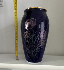 Limoges Porzellanvase blau Blumenmotiv Goldra...