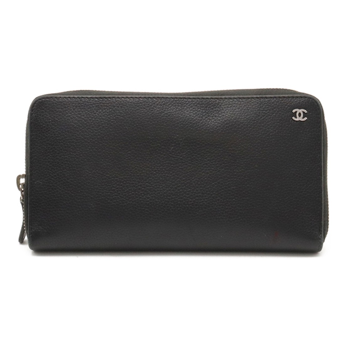 Chanel Black Leather Round Zipper Long Wallet with Silver Hardware