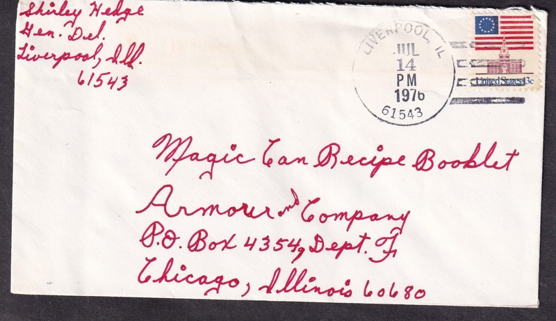 1976 cover Shirley Hedge Liverpool Illinois 61543 to Armour & Co Chicago
