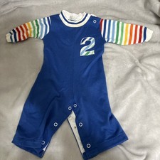 Vintage 90s Health-Tex, 9 Months STRIPED Saddle Snaps Romper Multicolor Blue
