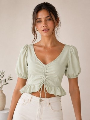 Sage Green Ruched Tie-Back Peplum Blouse | Puff Sleeve Open Back Top | Size 6