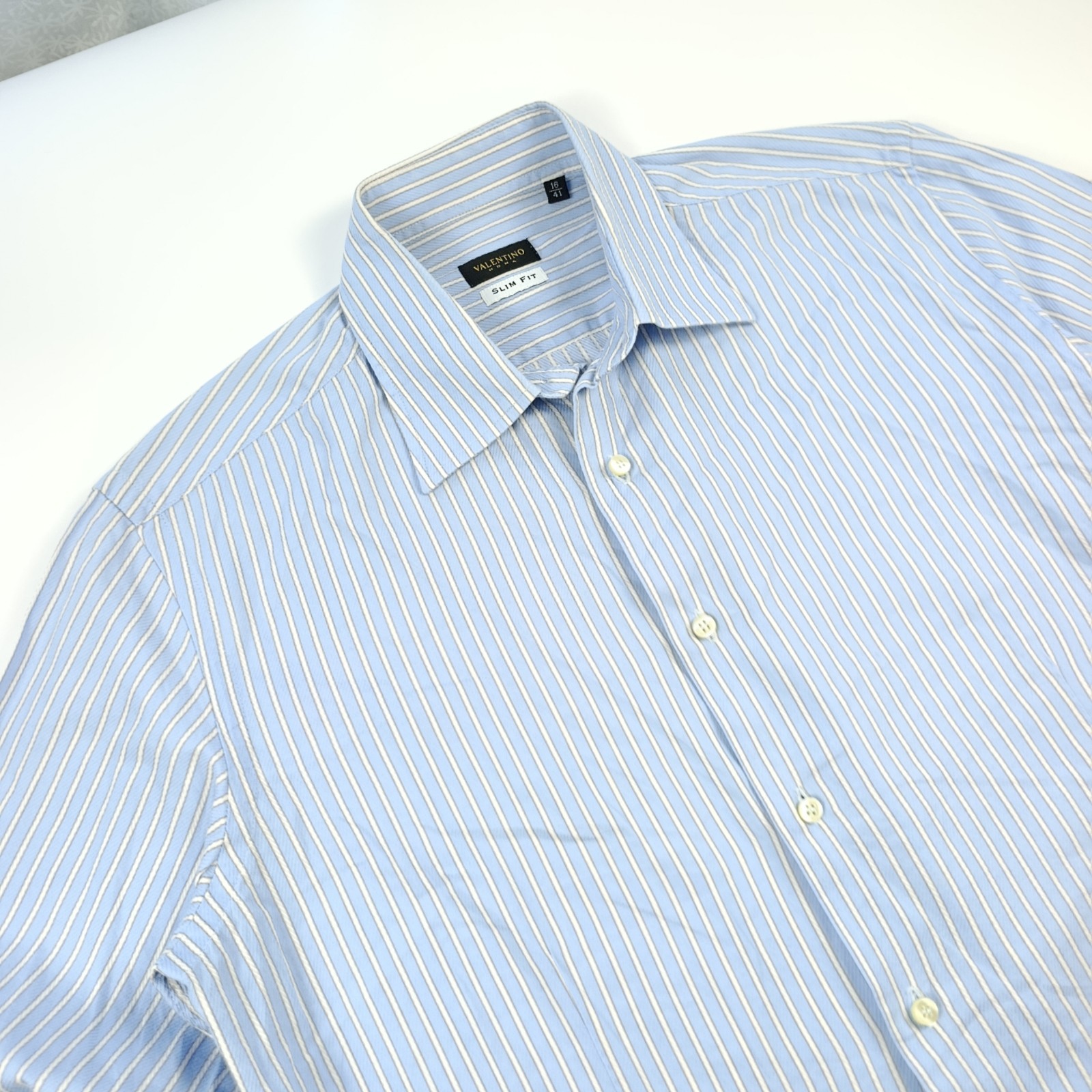 Camicia Valentino Roma Uomo Taglia 41 16 Slim Fit Cotone Righe Azzurra image 7