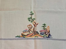 Vintage Cross Stitch Asian Pagoda Geisha Linen Tablecloth 50"x 51"