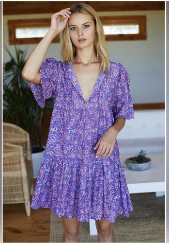 Emerson Fry India Collection Isla Dress Tiered Boho Organic Cotton  M/L