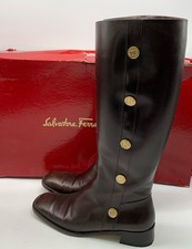 Salvatore Ferragamo Brown Leather Square Toe Riding Boot w/ Logo Button sz 7B