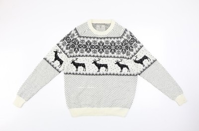 Next Herren Pullover weiß Fair Isle Rentier L Winter Strick