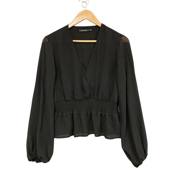Portmans Blouse Womens 12 Black Polyester V Neck Long Sleeve Smocked Peplum