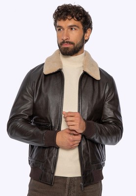 Men's Real Cowhide Leather Bomber Brown Jacket Aviator Faux Shearling Fur Collar