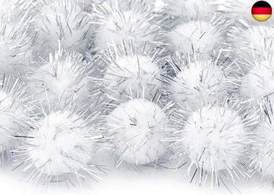 100stk Plush Pompons mit Silber Glitzer, Rund Pompon, Weiss Farbe Set 15mm Bomme