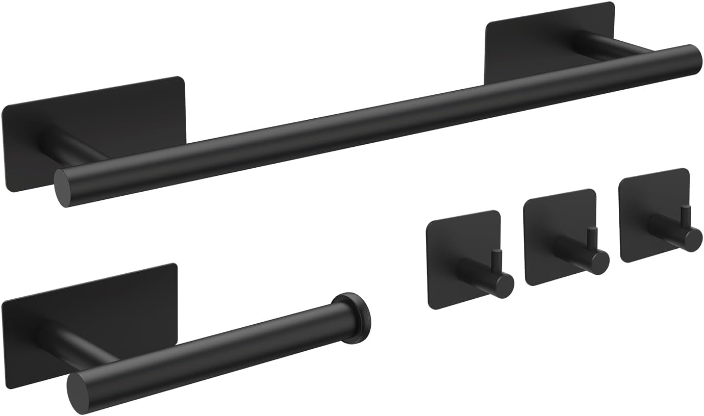 5Pcs Bathroom Accessories Set, Black Toilet Roll Holder, Towel Rail, Hook, Wall