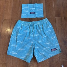 NWOT Mens Vineyard Vines 7" Swim Trunks  Bag Teal White Sailboats sz S