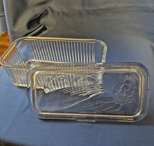 Vintage Federal Glass Refrigerator Vegetable Storage Container Ribbed w/Lid