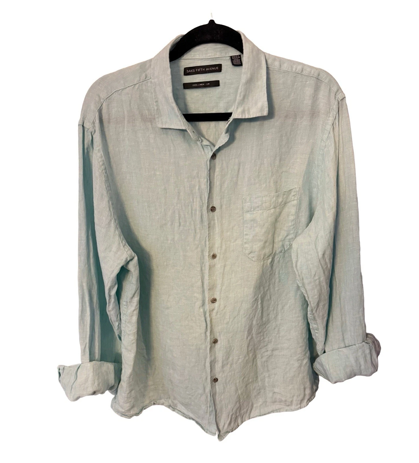 Saks Fifth Avenue Men's Shirt 100% LINEN Button Down Shirt Green Pocket Sz XL