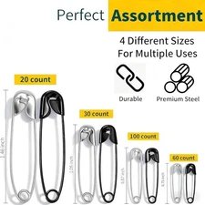 210 PCS 4 Different Sizes Silver and Black Safety Pins Assorted, Small and Large