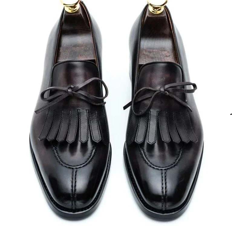 Bespoke Black Leather Frings Loafers Mens Leather loafers Formal Leather Loafers