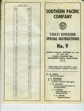 SOUTHERN PACIFIC RY.  ETT TIMETABLE SPL. INSTRUCTIONS #9  COAST DIV. 9-24-1961.