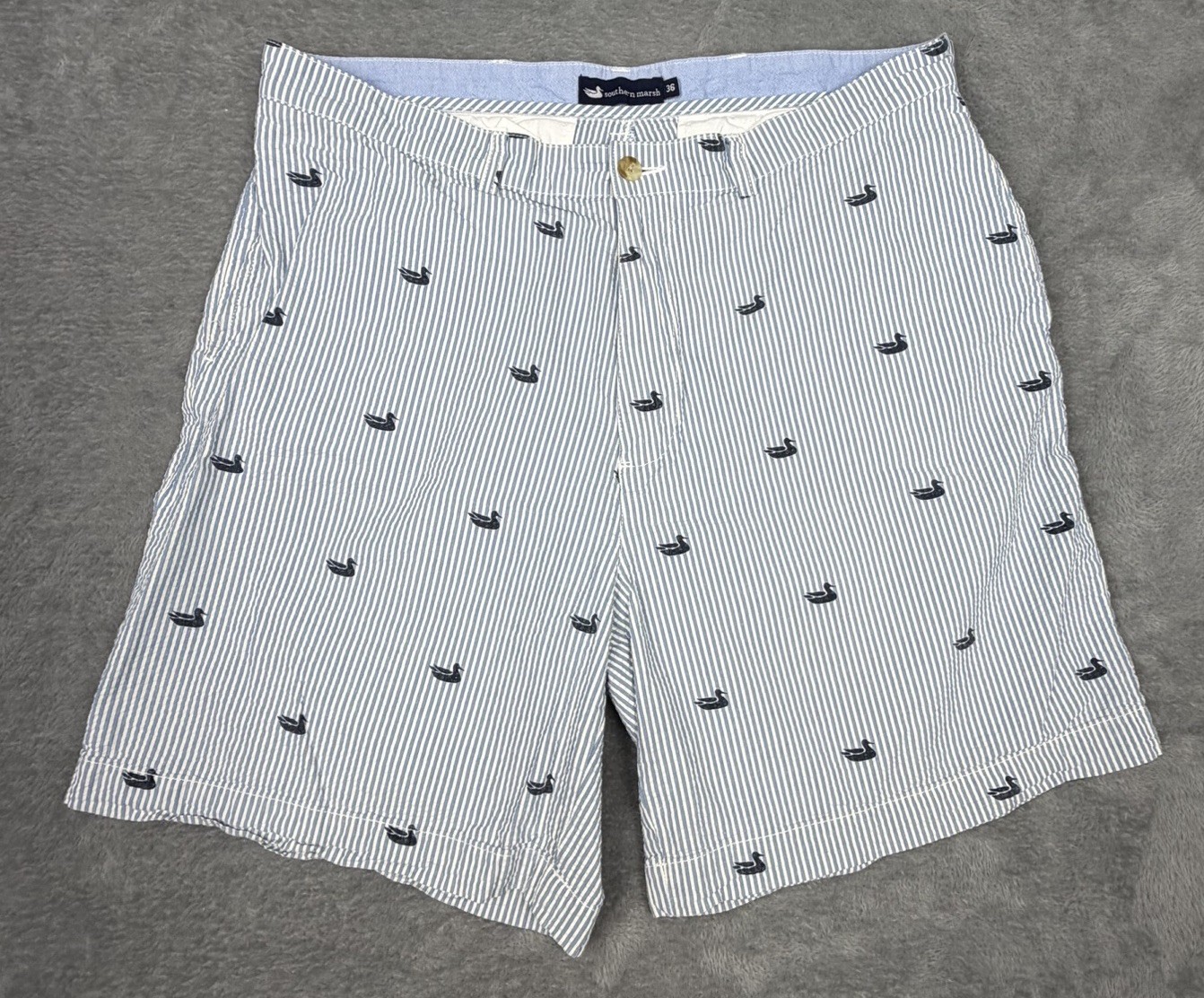 Southern Marsh Shorts Mens 36 Blue White Seersucker Striped Duck Logo AOP Golf