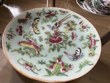 Celadon Hand Painted Plate 19thC Family Rose Peonies  butterflies bird paradise 