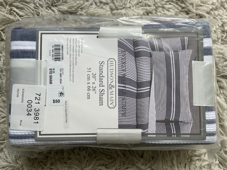 Hudson & Main Everet Waffle Stripe Standard Pillow Sham Blue/Grey Set Of 2- NEW - Image 3 of 3