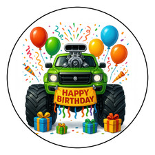 30 MONSTER TRUCK HAPPY BIRTHDAY STICKERS LABELS TAGS 1.5" ROUND PARTY FAVORS